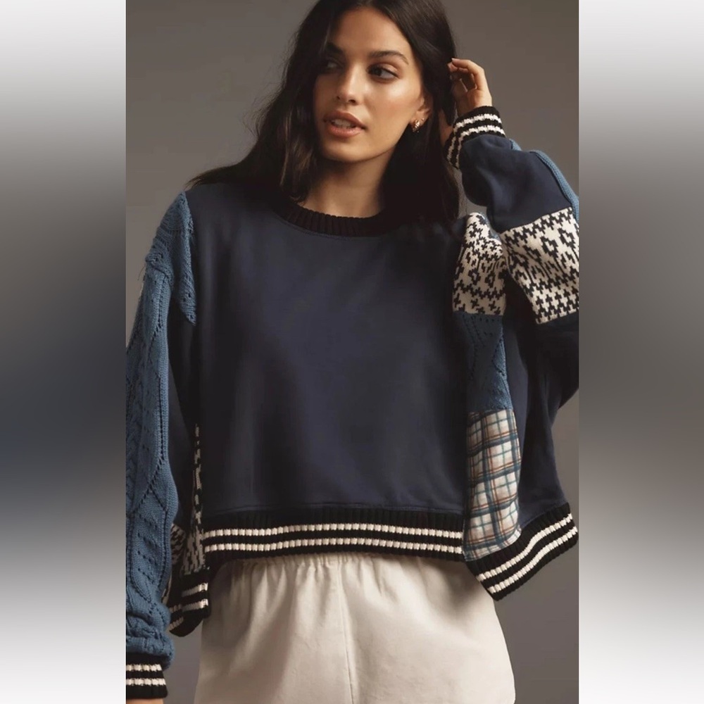 Anthropologie Pilcro Mixed Media Pullover Sweatshirt Knit Mix BlueIvory Pattern